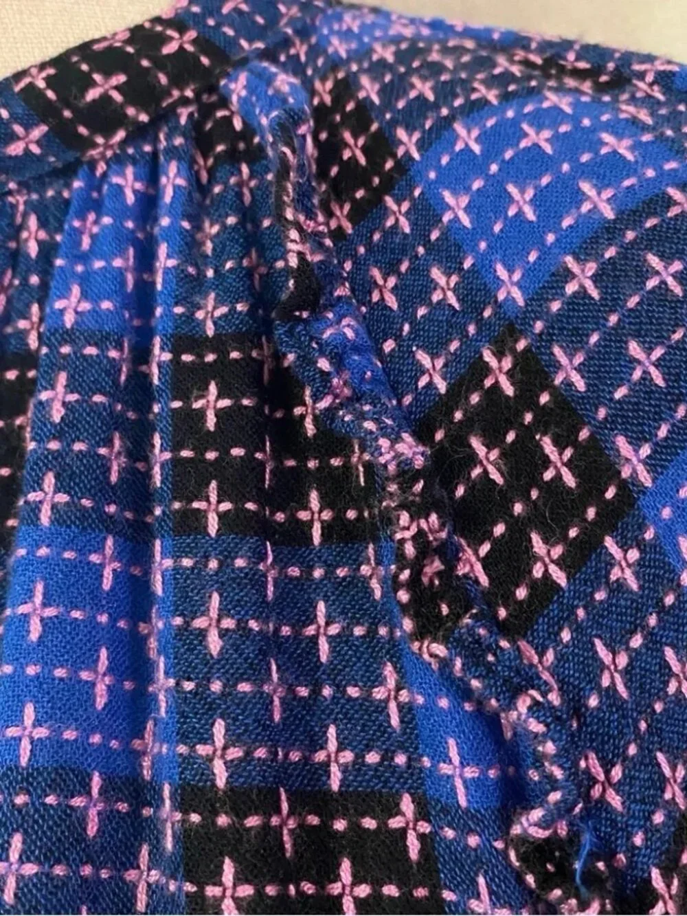 Pilcro Anthropologie blue pink black plaid ruffle button down shirt